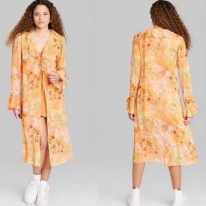 Colorful Floral Midi Length Duster Ruffle Detail Kimono Swim Cover Up Orange M
